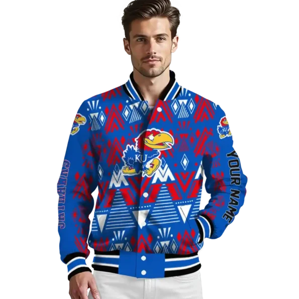 custom kansas jayhawks pyramid shapes blue varsity jacket high quality.webp