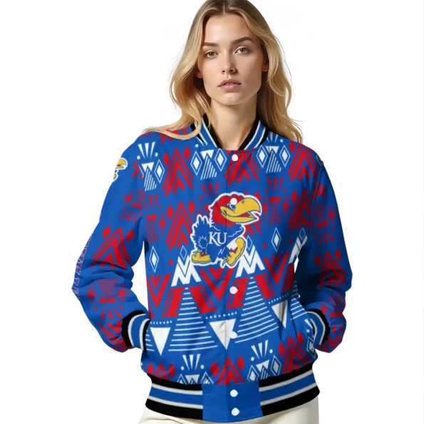 custom kansas jayhawks pyramid shapes blue varsity jacket latest model.webp