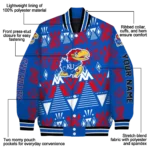 custom kansas jayhawks pyramid shapes blue varsity jacket best selling.webp