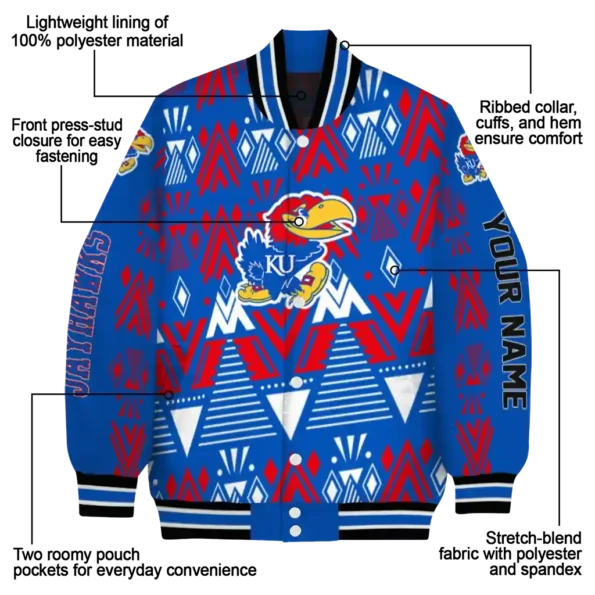 custom kansas jayhawks pyramid shapes blue varsity jacket new arrival.webp