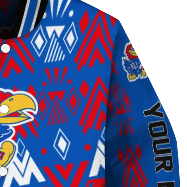 custom kansas jayhawks pyramid shapes blue varsity jacket premium grade.webp