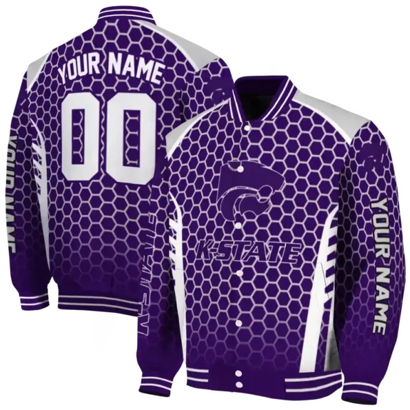 custom kansas state wildcats hexagon grid purple varsity jacket fashion forward.webp