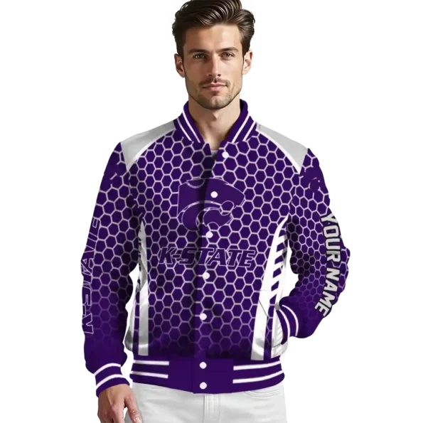 custom kansas state wildcats hexagon grid purple varsity jacket high quality.webp