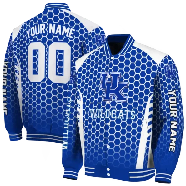 custom kentucky wildcats hexagon grid blue varsity jacket fashion forward.webp