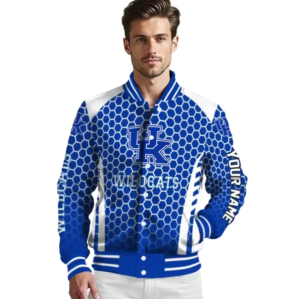 custom kentucky wildcats hexagon grid blue varsity jacket high quality.webp