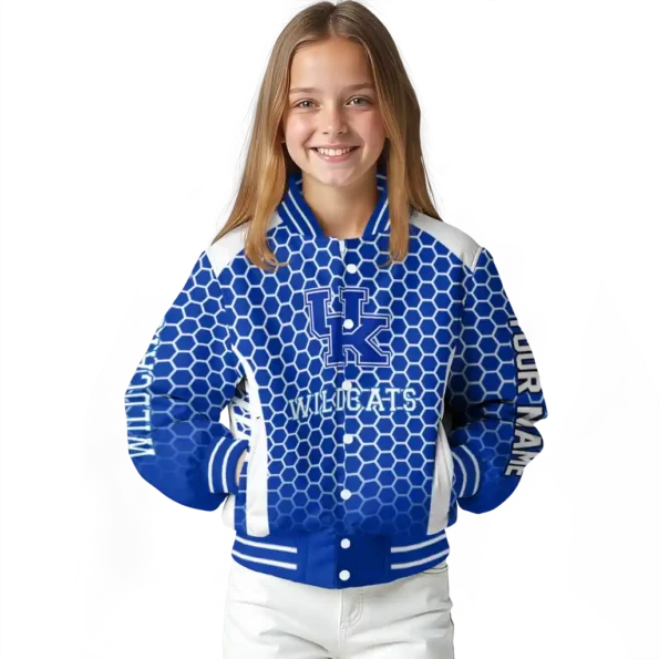 custom kentucky wildcats hexagon grid blue varsity jacket top rated.webp
