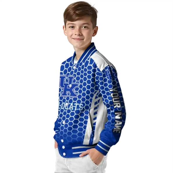 custom kentucky wildcats hexagon grid blue varsity jacket trendy.webp