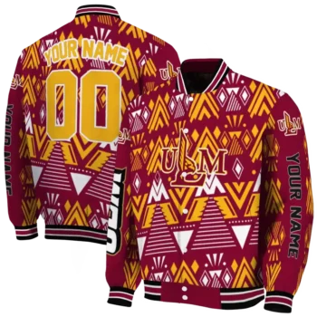 custom louisiana monroe warhawks pyramid shapes red varsity jacket fashion forward.webp