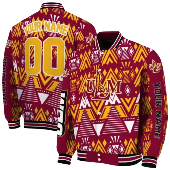 custom louisiana monroe warhawks pyramid shapes red varsity jacket fashion forward.webp