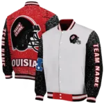 custom louisiana ragin cajuns speckled arms red gray varsity jacket best selling.webp