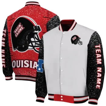 custom louisiana ragin cajuns speckled arms red gray varsity jacket fashion forward.webp
