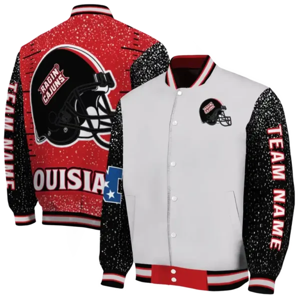 custom louisiana ragin cajuns speckled arms red gray varsity jacket fashion forward.webp