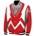 custom louisiana ragin cajuns v stripes red white varsity jacket best selling.webp