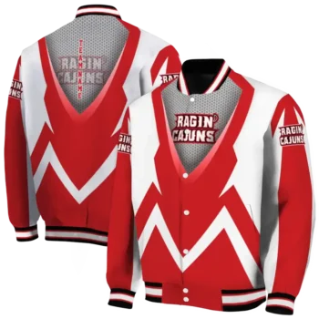 custom louisiana ragin cajuns v stripes red white varsity jacket fashion forward.webp