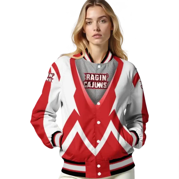 custom louisiana ragin cajuns v stripes red white varsity jacket latest model.webp