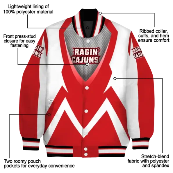 custom louisiana ragin cajuns v stripes red white varsity jacket new arrival.webp