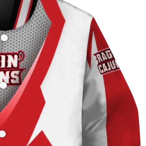 custom louisiana ragin cajuns v stripes red white varsity jacket premium grade.webp