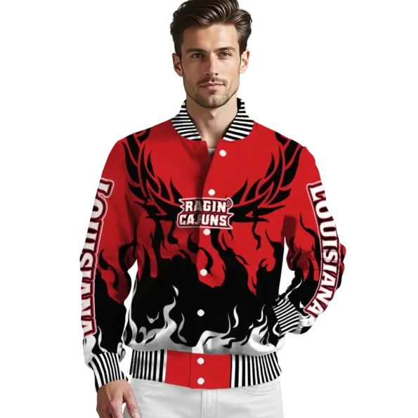 custom louisiana ragin cajuns winged blaze red white varsity jacket high quality.webp