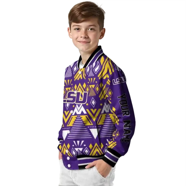 custom lsu tigers pyramid shapes purple varsity jacket trendy.webp