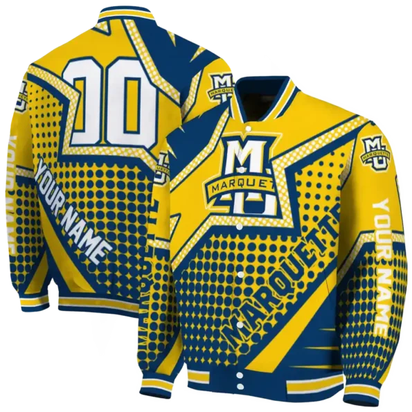 custom marquette golden eagles star burst blue varsity jacket fashion forward.webp