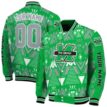 custom marshall thundering herd pyramid shapes green varsity jacket fashion forward.webp