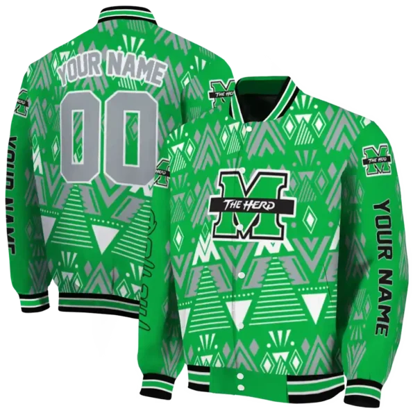custom marshall thundering herd pyramid shapes green varsity jacket fashion forward.webp