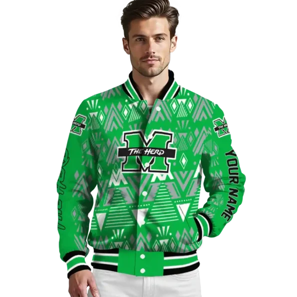 custom marshall thundering herd pyramid shapes green varsity jacket high quality.webp