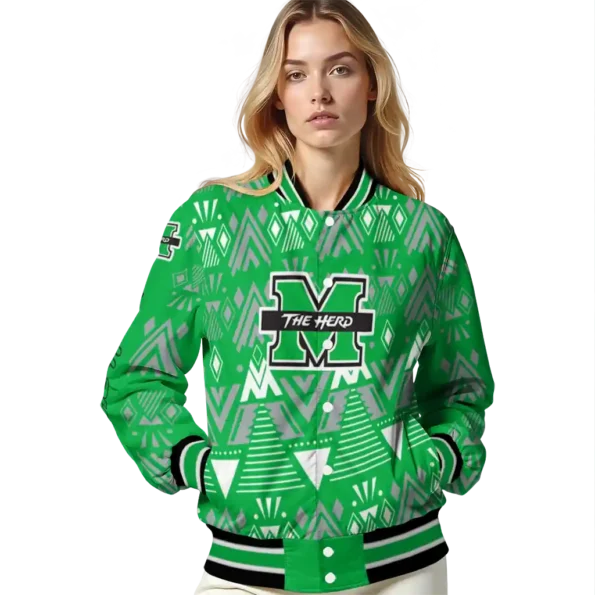 custom marshall thundering herd pyramid shapes green varsity jacket latest model.webp