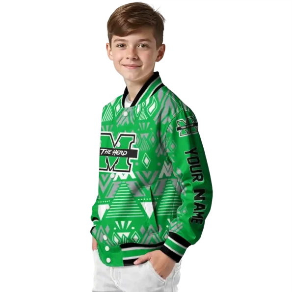 custom marshall thundering herd pyramid shapes green varsity jacket trendy.webp