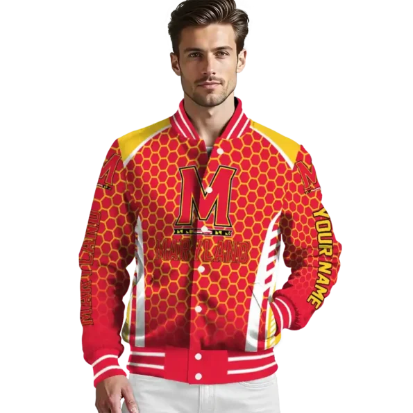 custom maryland terrapins hexagon grid red varsity jacket high quality.webp
