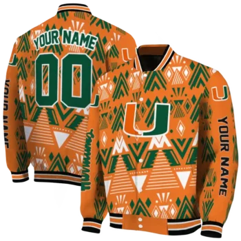 custom miami hurricanes pyramid shapes orange varsity jacket fashion forward.webp