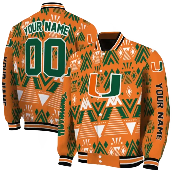 custom miami hurricanes pyramid shapes orange varsity jacket fashion forward.webp