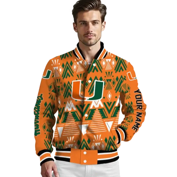 custom miami hurricanes pyramid shapes orange varsity jacket high quality.webp