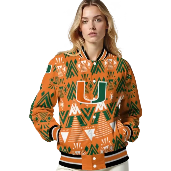 custom miami hurricanes pyramid shapes orange varsity jacket latest model.webp