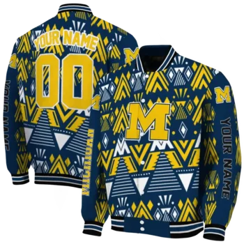 custom michigan wolverines pyramid shapes blue varsity jacket fashion forward.webp
