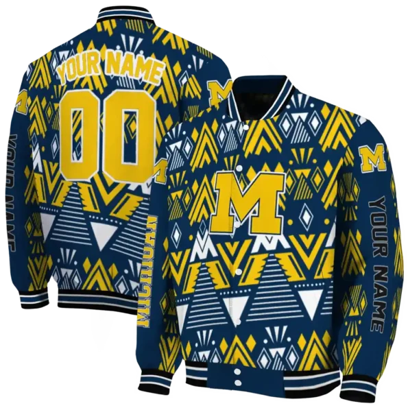 custom michigan wolverines pyramid shapes blue varsity jacket fashion forward.webp