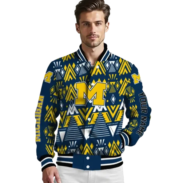 custom michigan wolverines pyramid shapes blue varsity jacket high quality.webp