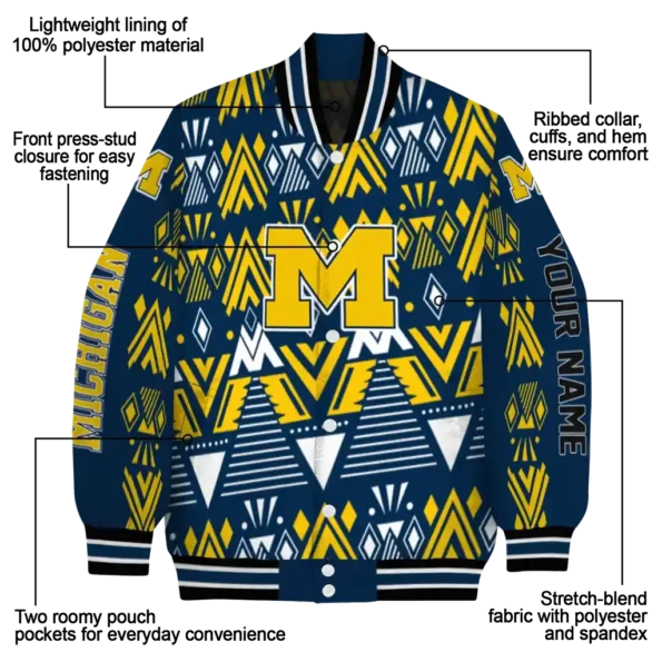 custom michigan wolverines pyramid shapes blue varsity jacket new arrival.webp