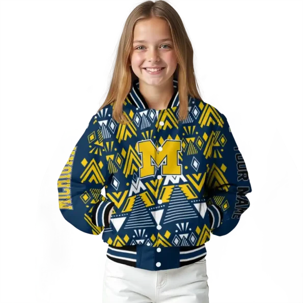 custom michigan wolverines pyramid shapes blue varsity jacket top rated.webp