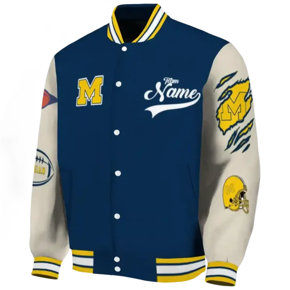 custom michigan wolverines wildcat pawprint blue nude varsity jacket best selling