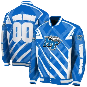 custom middle tennessee blue raiders chevron angles blue varsity jacket fashion forward.webp