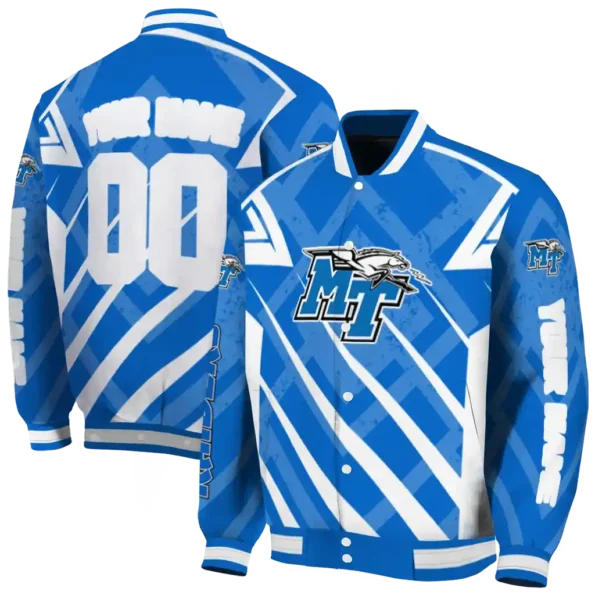 custom middle tennessee blue raiders chevron angles blue varsity jacket fashion forward.webp