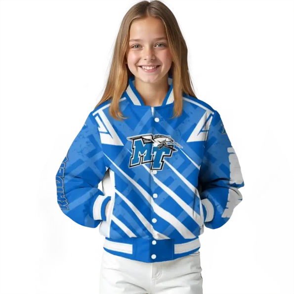 custom middle tennessee blue raiders chevron angles blue varsity jacket top rated.webp