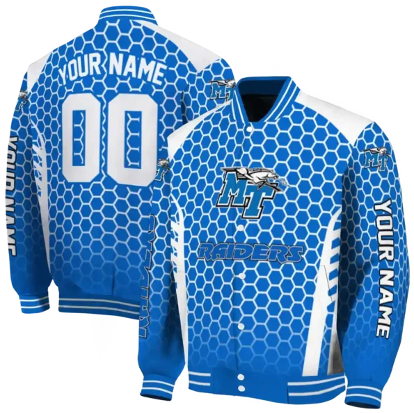 custom middle tennessee blue raiders hexagon grid blue varsity jacket fashion forward.webp