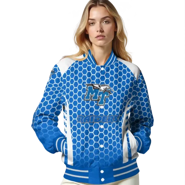 custom middle tennessee blue raiders hexagon grid blue varsity jacket latest model.webp