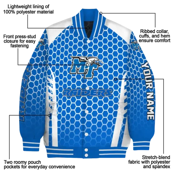 custom middle tennessee blue raiders hexagon grid blue varsity jacket new arrival.webp