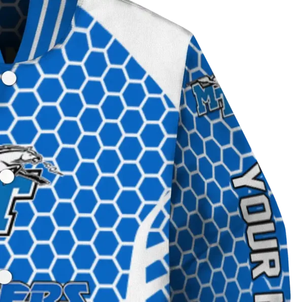 custom middle tennessee blue raiders hexagon grid blue varsity jacket premium grade.webp