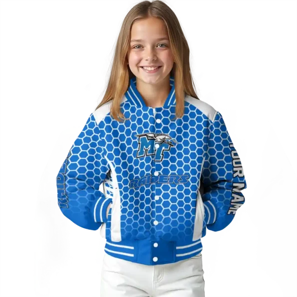custom middle tennessee blue raiders hexagon grid blue varsity jacket top rated.webp