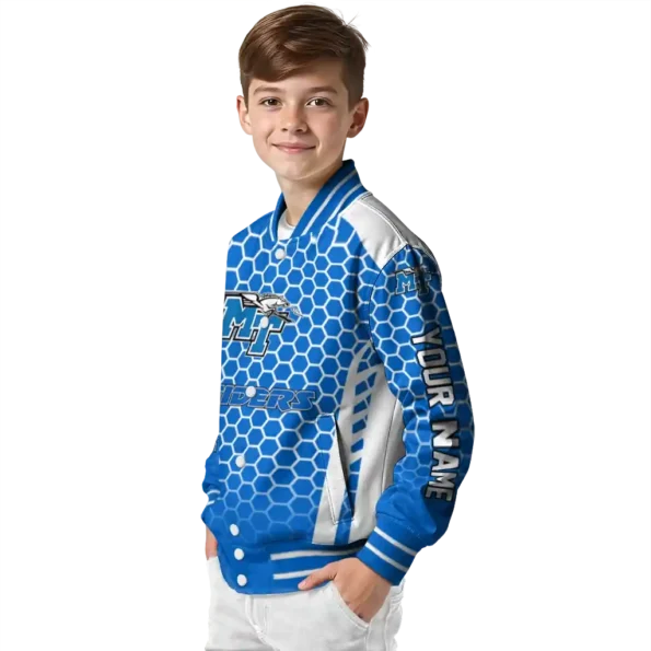 custom middle tennessee blue raiders hexagon grid blue varsity jacket trendy.webp