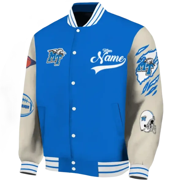 custom middle tennessee blue raiders wildcat pawprint blue nude varsity jacket best selling